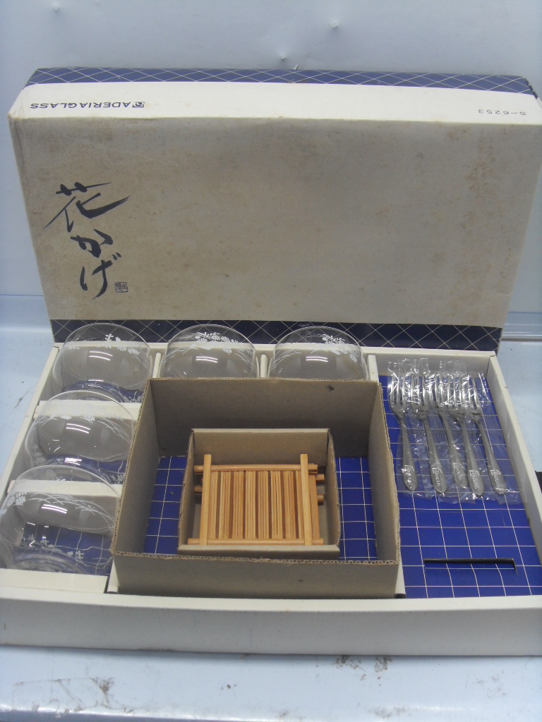 노빵 일본 유리 찻잔 나무 잔대 포크 15개세트 미사용